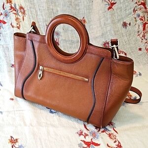 Moda Marjon Camel Satchel Shoulder Bag Circle Handle EUC